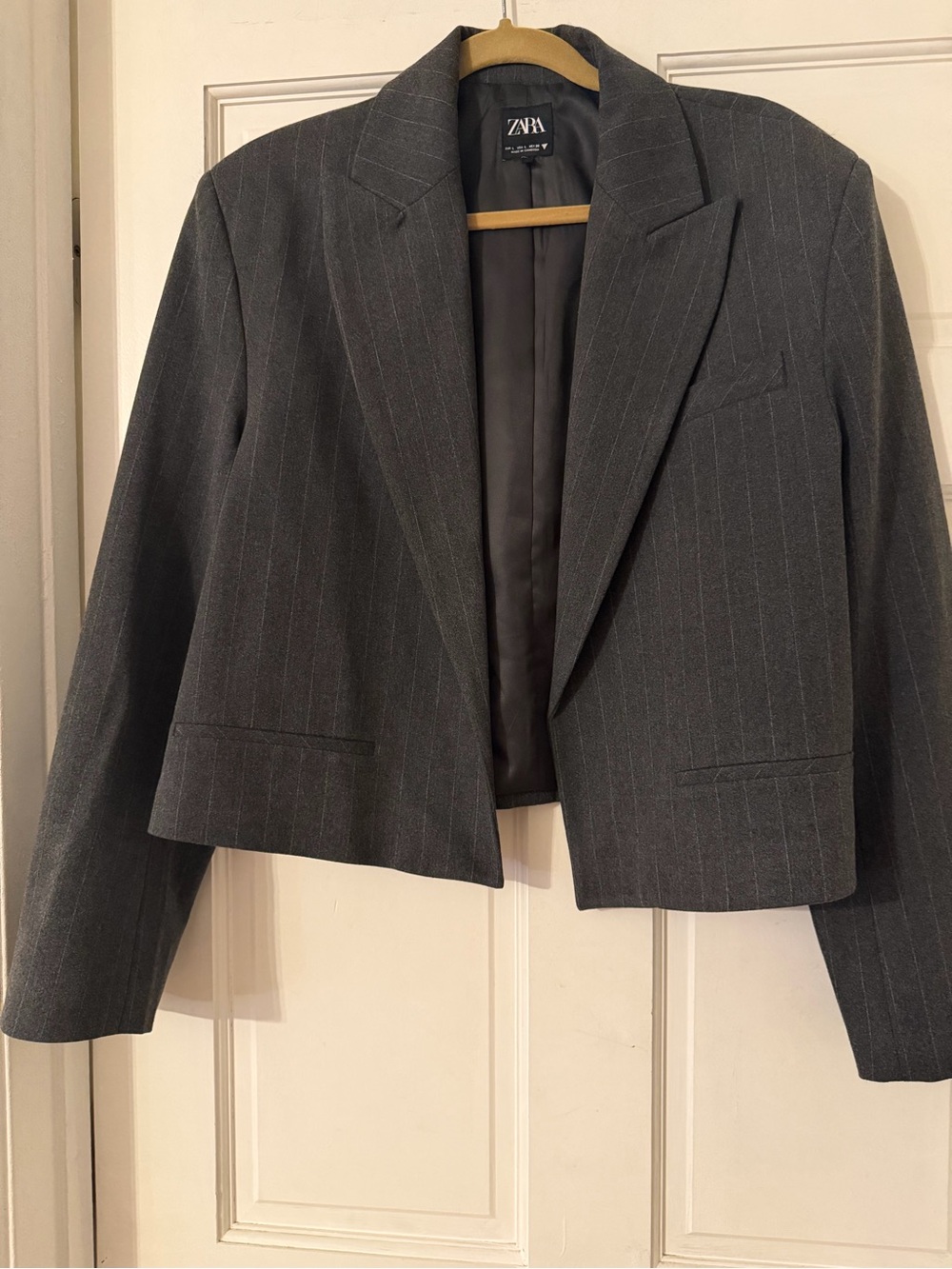 Zara Dark Gray Pinstripe Cropped Blazer and pants.